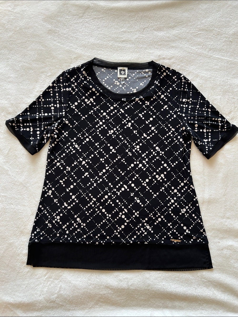 Anne Klein Black Top with Black and White Geometric Dot Print Size Small